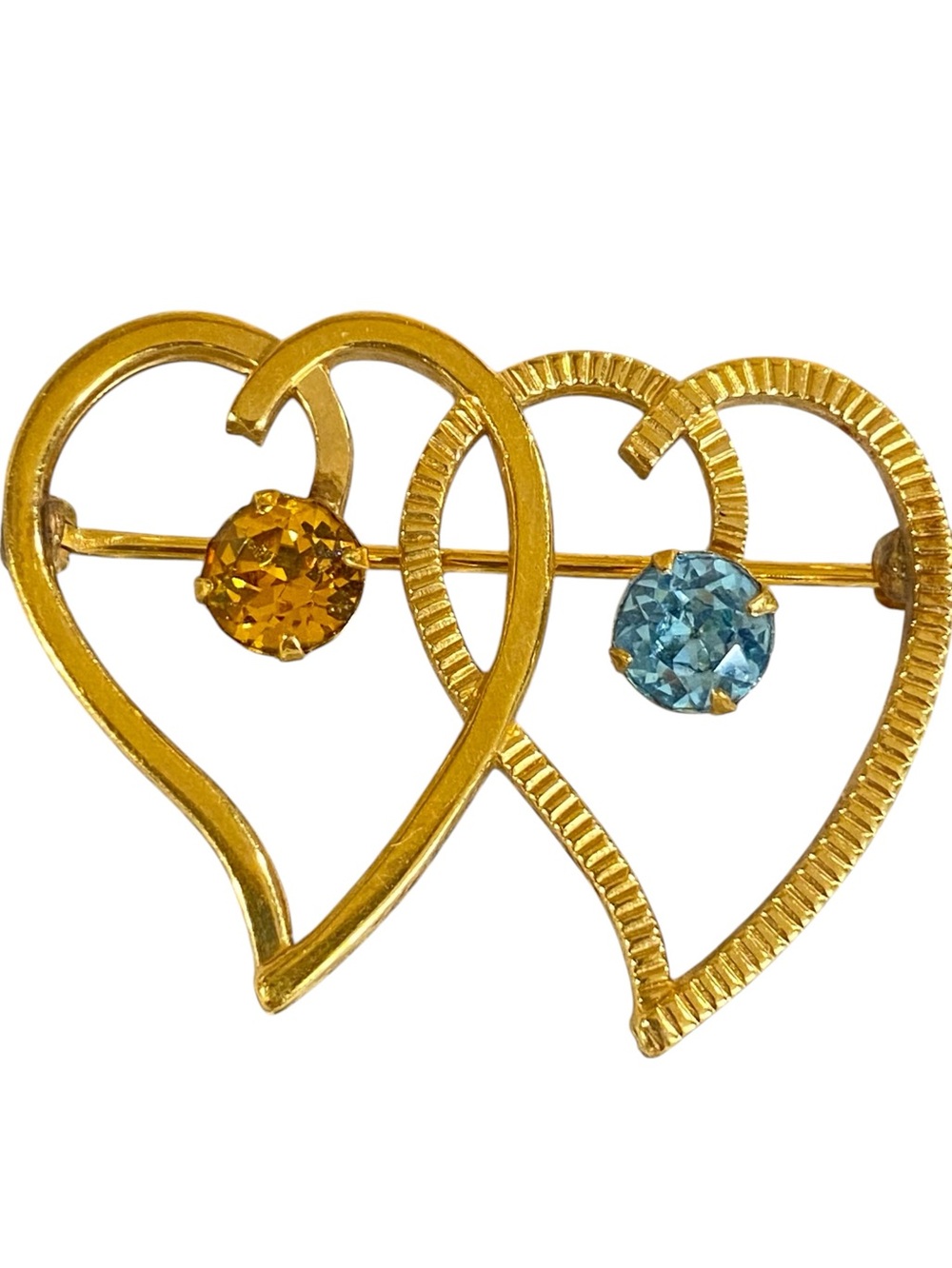 Van Dell Vintage Double Heart Brooch 1/20 12K GF Gold Filled Blue Gold Stones